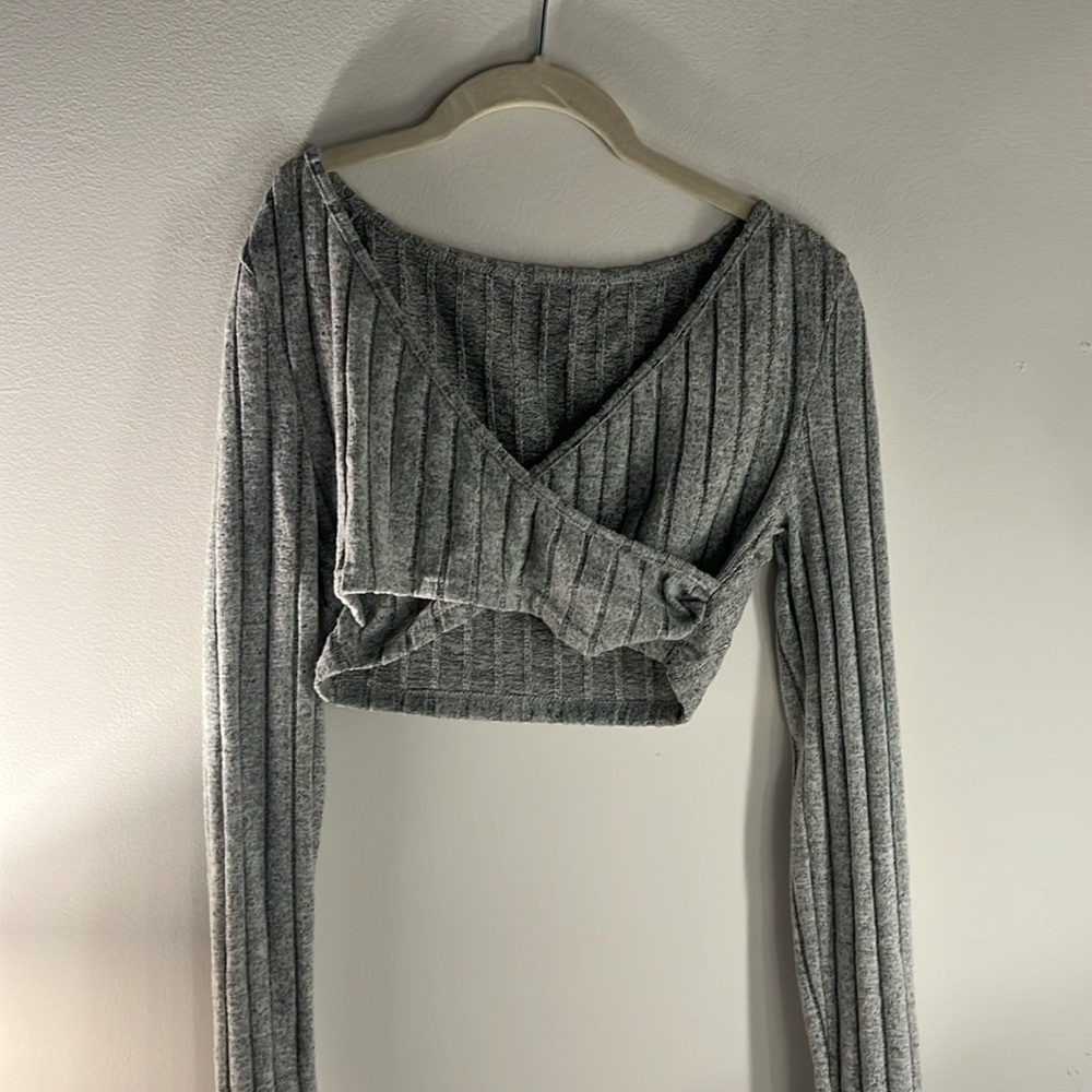 Cropped cross neck sweater